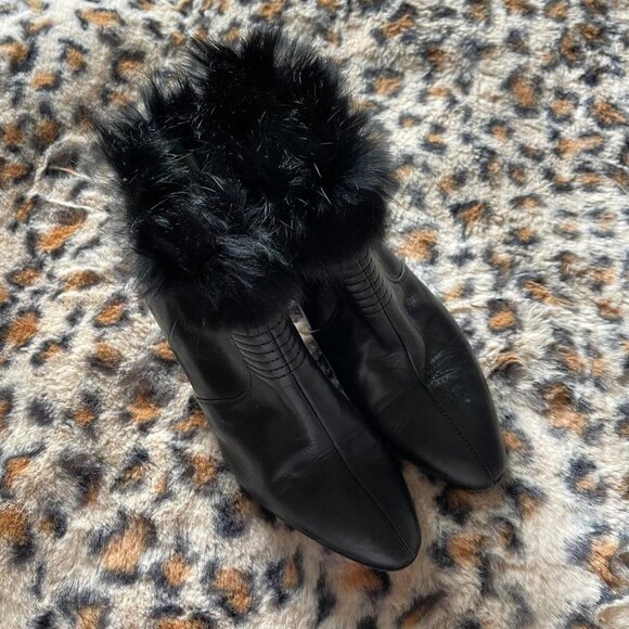 Black Leather Fur-Trim Ankle Booties - Picture 1 of 6